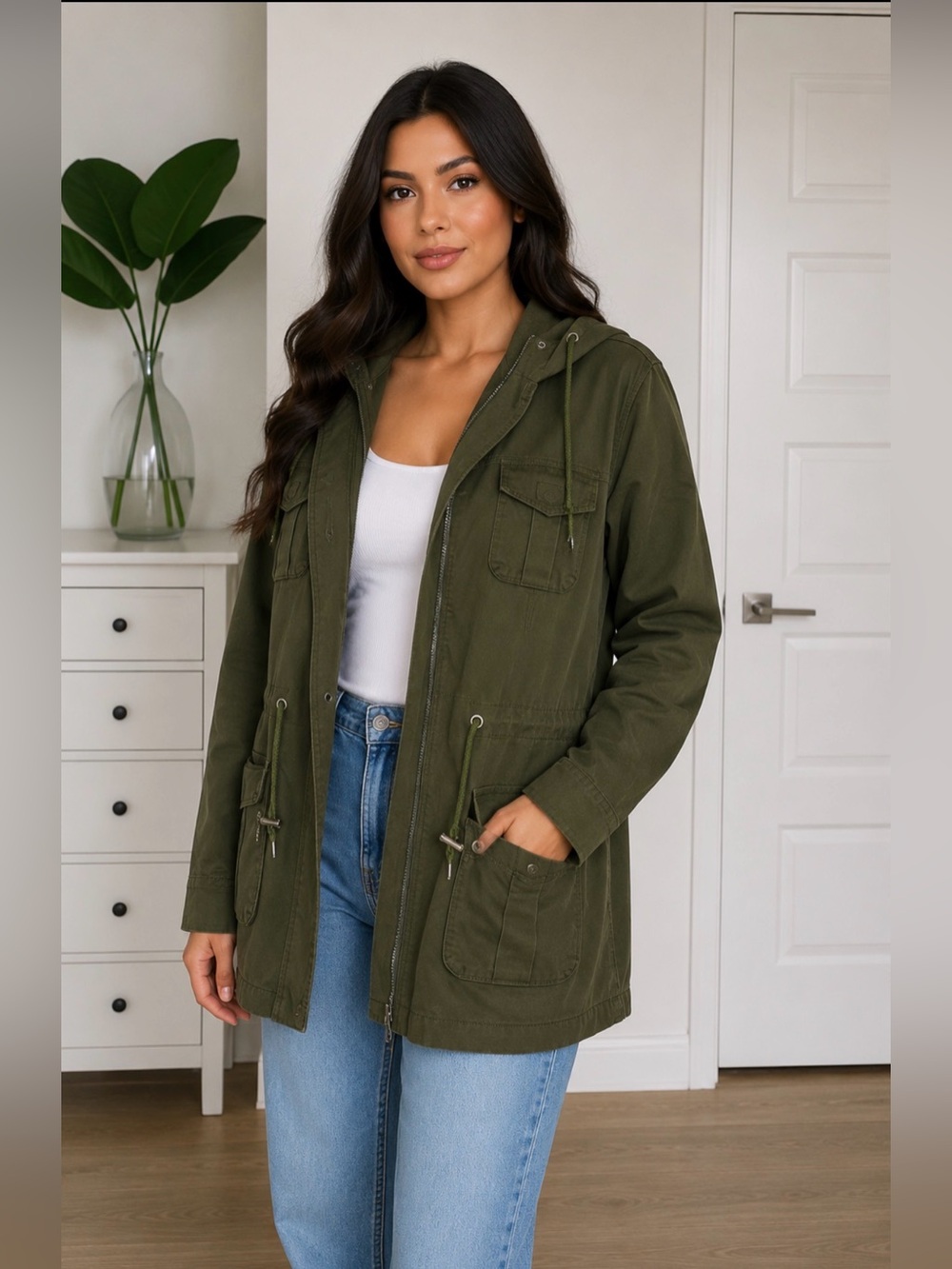 Olive Green Utility Military Cargo Hooded Jacket Drawstring Safari Coat | Large